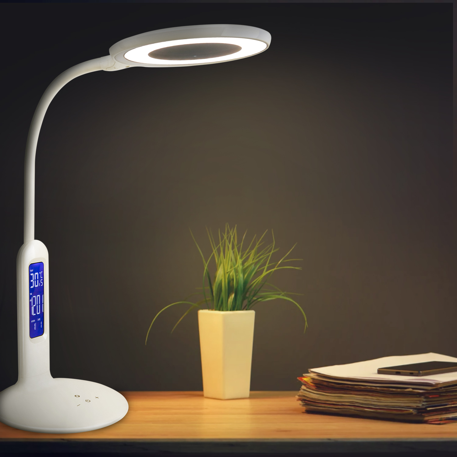 NO REVIEW - Lampe de bureau LED de 7W, tactile, 360lm. Écran LCD avec heure, calendrier, température, réveil. 