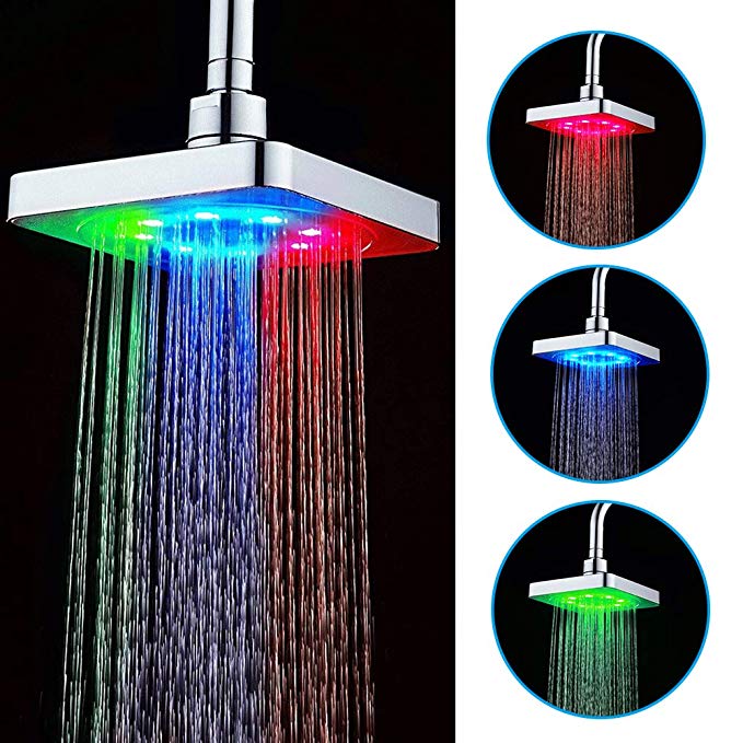 Jazz Pose Pommeau de Douche à Tête Carrée, Multicolore, Aucune Batterie Requise, Pommeau à LED, Chrome, Couleurs à Changement Pommeau de Douche en 