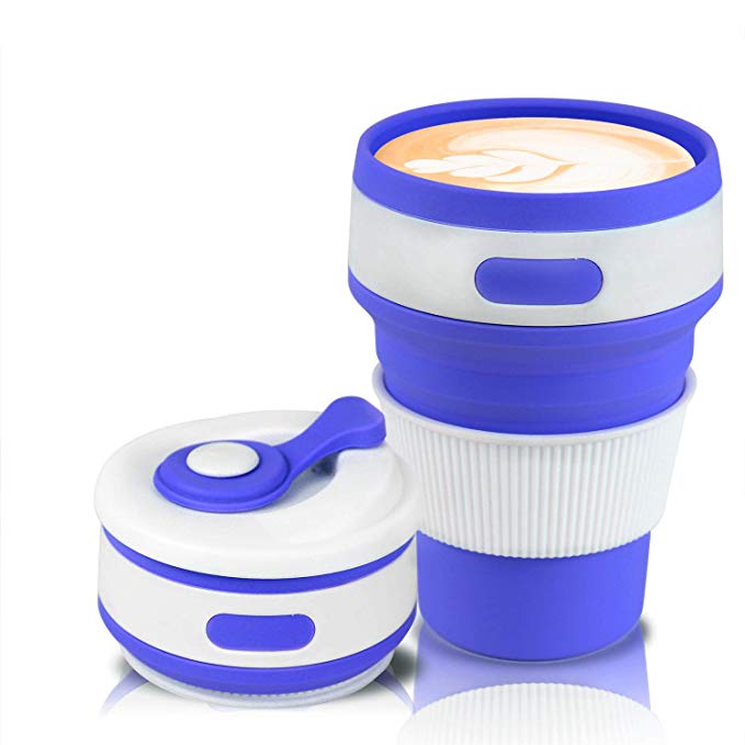 Jazz Pose Tasse a Café Pliable, Tasse Expresso, Tasse en Silicone, Tasse Pliante, Portable avec Réutilisable Tasses pour Voyage, sans BPA (Bleu, 350 ML/12oz)