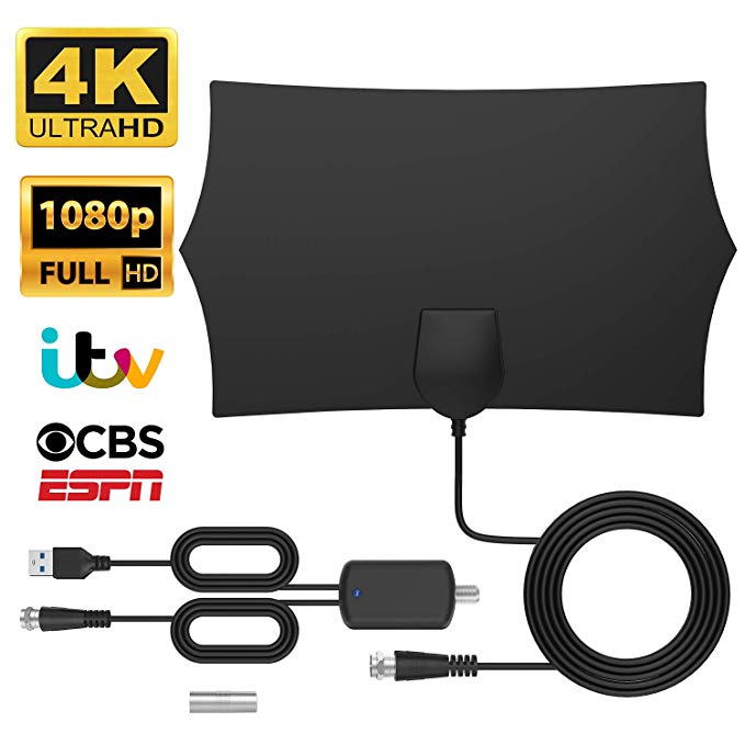 Antenne TV Intérieur Puissante, Ninkbox Antenne TV intérieure avec Amplificateur jusqu'à 120 Miles et 3,7 Mètres Câble Coaxial, Soutien Smart TV 1080P HD 4K VHF UHF FM, Antenne TNT