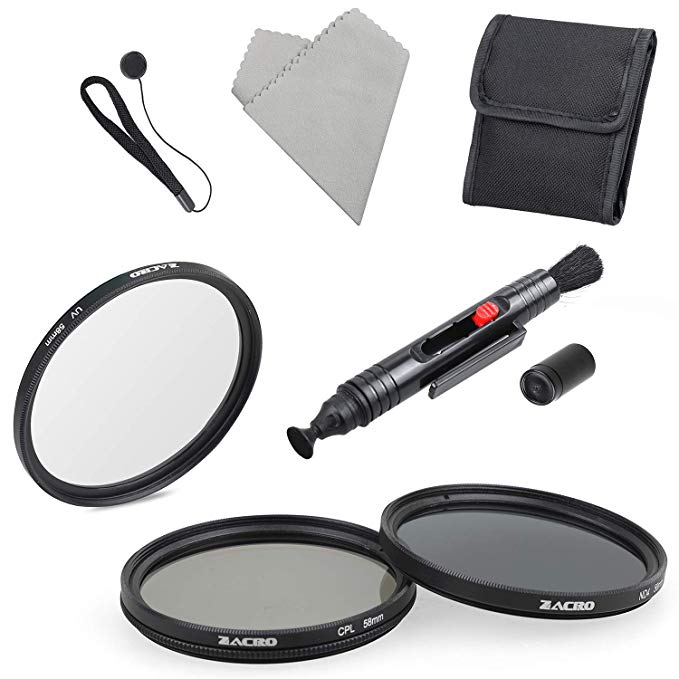 6 en 1 Kit de Filtre de Photographie,58mm Filtres pour Trois Modes UV, ND4, CPL avec Stylo de Nettoyage de Lentille/Sac de Rangement/Tissu de Nettoyage/pour Les Caméras Reflex Numériques