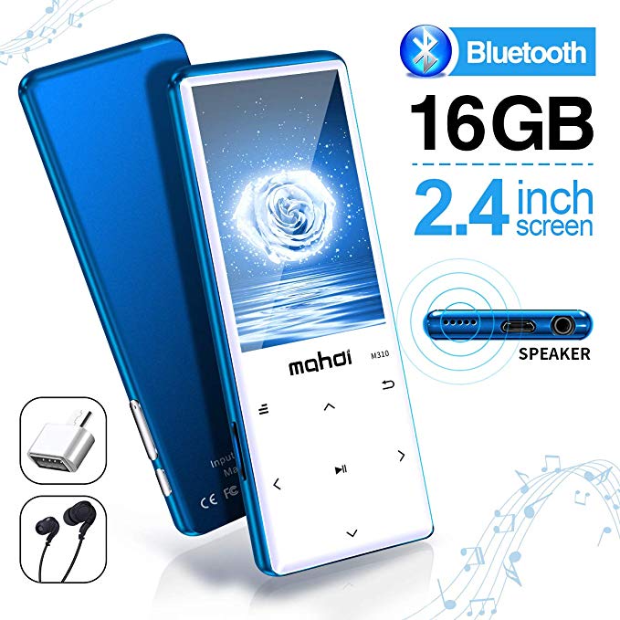 Lecteur MP3 MYMAHDI avec Bluetooth 4.2, Boutons tactiles avec écran de 2,4 Pouces, Lecteur Audio numérique Portable sans Perte de 16 Go avec Radio FM, enregistreur Vocal, Bleu