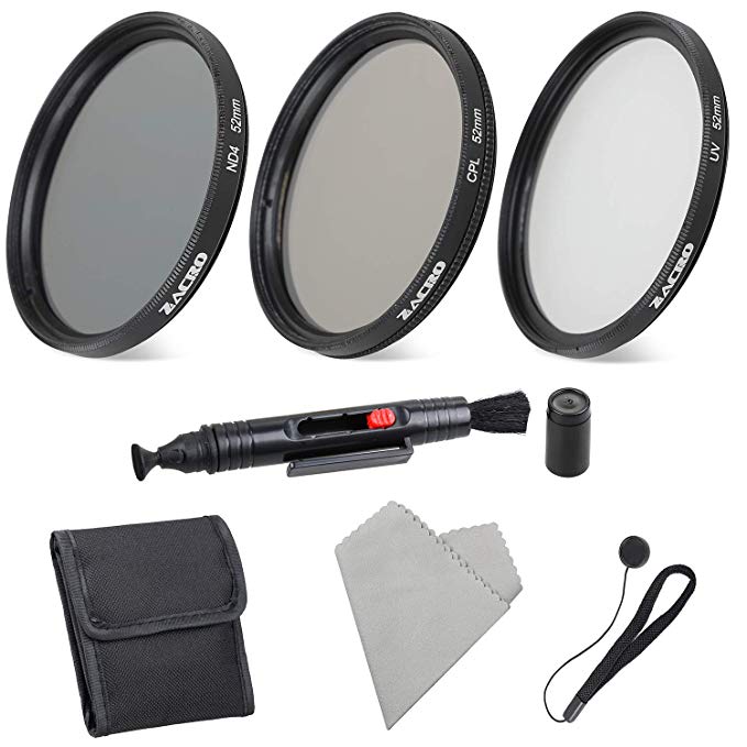 6 en 1 Kit de Filtre de Photographie,52mm Filtres pour Trois Modes UV, ND4, CPL avec Stylo de Nettoyage de Lentille/Sac de Rangement/Tissu de Nettoyage,pour Les Caméras Reflex Numériques