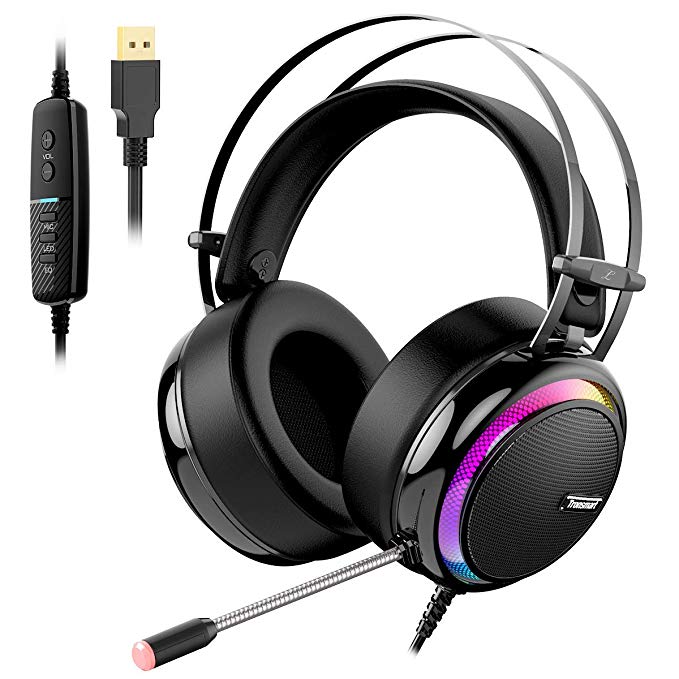 Tronsmart Glary Micro Casque Gaming, Casque de Jeu avec Virtuel 7.1 Son Surround Anti Bruit/LED Lumières/Contrôle Muet/ Soft Pads PC Gamer Casque pour Nintendo Switch, PlayStation 4, MacBook, iMac