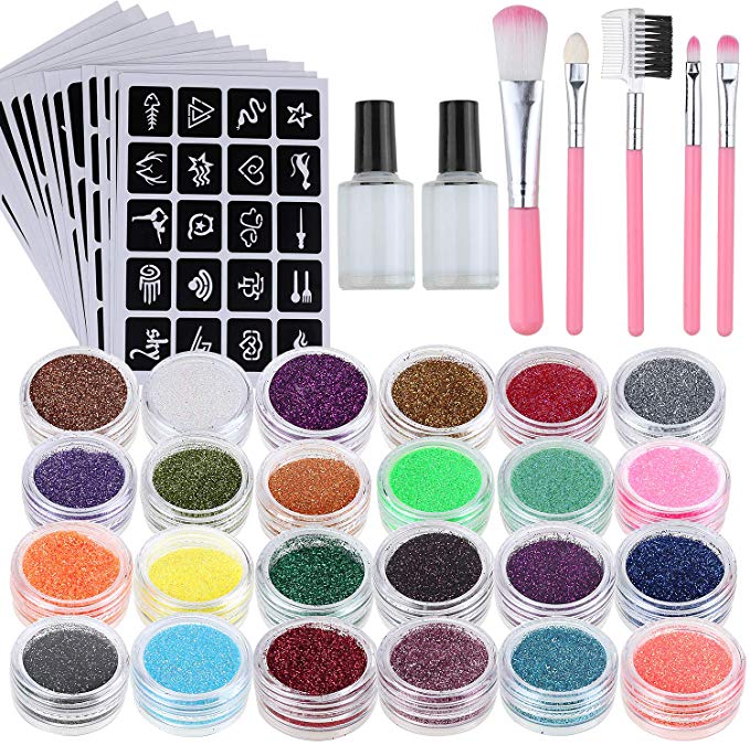 Tatouages Éphémères 24pcs cosmétique Ensemble de tatouage de paillettes Gabarits de tatouage Modèle de tatouage tatouages