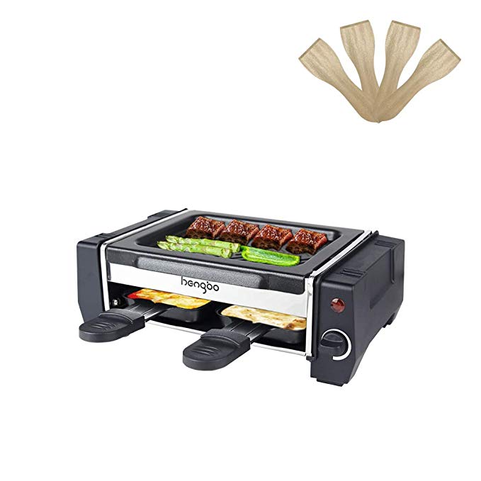 Appareil a Raclette 2 Personnes Mini Raclette Inclus 2 Poêlons et 4 Spatule Raclette, Température réglable, Revêtement Antiadhésives - 500W