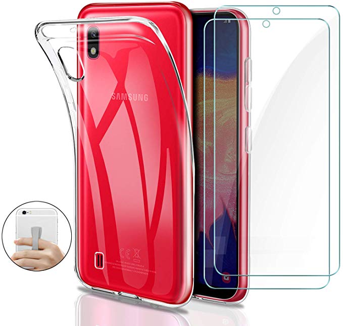 Younme Coque Samsung Galaxy A10 Silicone Transparente, [Lot de 2] Verre trempé écran Protecteur + Souple TPU Étui Protection Bumper Housse Cover [avec Support autoadhésif] pour Samsung Galaxy A10