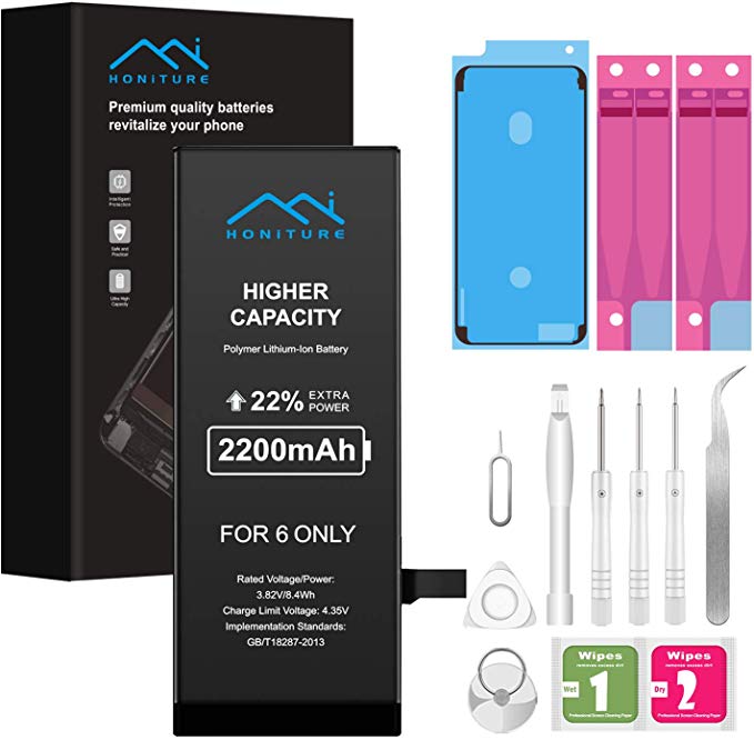 Batterie pour iPhone 6 2200mAh, Honiture Haute Capacité Replacement Rechargeable Batterie Interne avec Kit D'outils de Réparation, 2 Rubans Adhésifs, Manuel