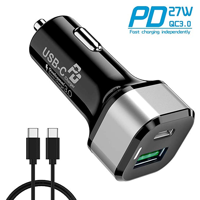 Avolare Chargeur de Voiture 45W, Adaptateur de Chargeur de Voiture à 2 Ports avec 18W QC3.0 Port USB A + 27W PD3.0 Port C USB Charge Rapide pour iPhone, iPad Pro (2018), Samsung, Huawei, Google