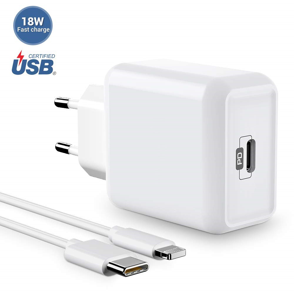 Marchpower iPhone Rapide Chargeur Certifié Apple MFi Chargeur Mural USB C 18W avec Câble USB C vers Lightning de 1,8 m, PD 3.0 Adaptateur de Charge Rapide pour iPhone 11 Pro XS Max XR 8 Plus iPad