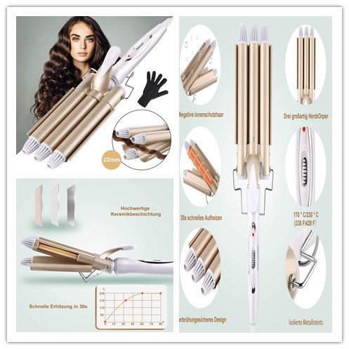 Fer à onduler Grandes Vagues Curl Version Professionnelle, Fer à Friser Céramique Tourbaline, Bigoudis pour Cheveux Long/Courts Comme Cadeau de Noël pour Femme, Diamètre 22mm - Or