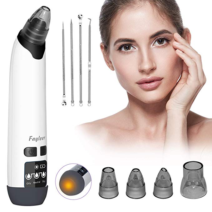 Aspirateur Point Noirs, Fayleer Nettoyant les Points Noirs Extracteur de Point Noir, Portable USB Rechargeable, avec 3 niveaux de puissance,4 têtes de beauté échangeables (Blanc)