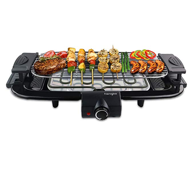 HengBO Barbecue Electrique de Table, Grill Electrique Grille Viande avec Bac Collecteur d'eau, Thermostat Réglable, Hauteur Ajustable, 2000W - Noir