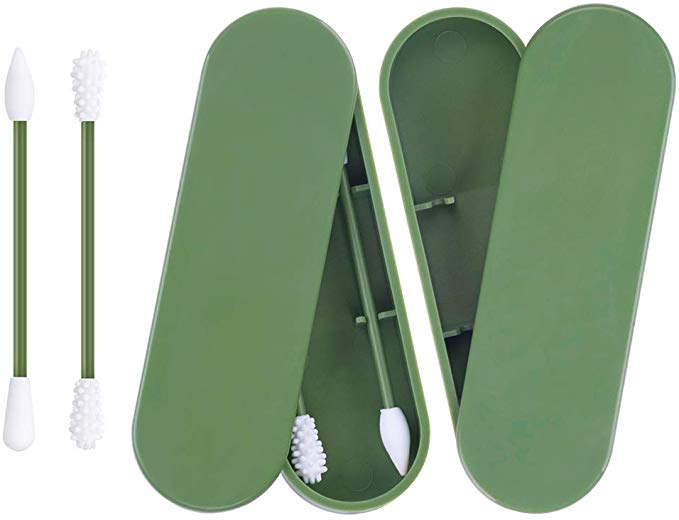 Coton-tige Réutilisable Lavable,2PCS Bâtons de Coton Silicone Ecologiques,Coton-Tige de Nettoyage pour Le Maquillage et Le Nettoyage des Oreilles Outil de Beauté avec Étui de Rangement