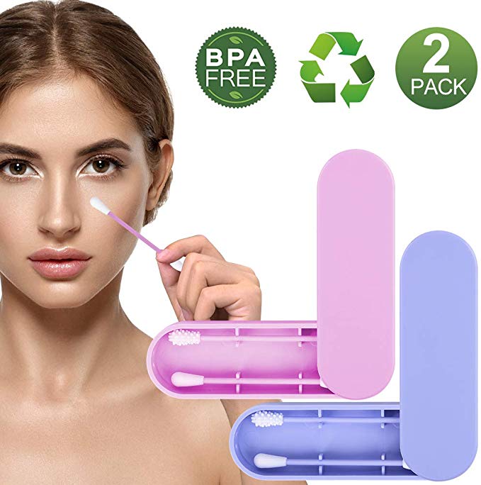 Coton-tige Réutilisable Lavable,2PCS Bâtons de Coton Silicone Ecologiques,Coton-Tige de Nettoyage pour Le Maquillage et Le Nettoyage des Oreilles Outil de Beauté avec Étui de Rangement 