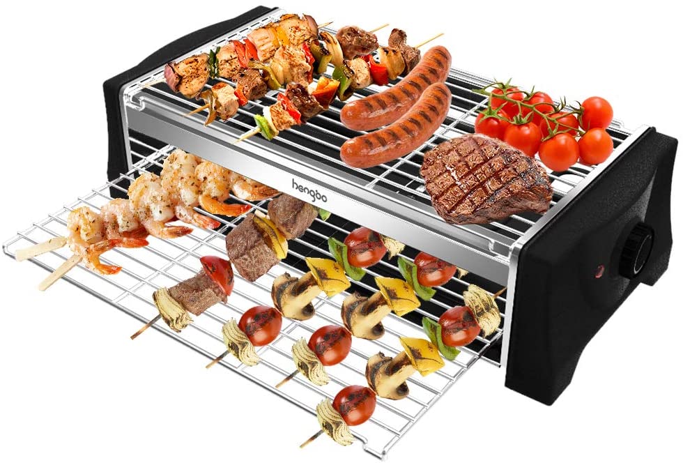 Barbacoa Electrica Sin Humo Parrilla Barbacoa Doble Acero Inoxidable de Mesa con Bandeja, Capa BBQ Revestimiento Antiadherentepara 6 Personas para Fiestas Interiores y Exteriores 