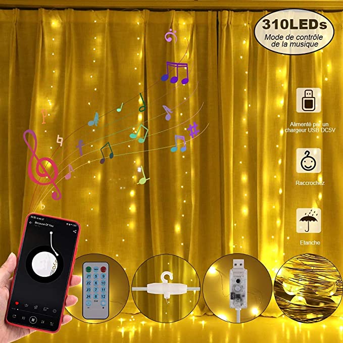 3 * 3.1M 310 LED Guirlandes Musical Lumineuses Rideau 4 Modes Musicales 8 Modes d'Eclairage USB Télécommande Musique Lumineux Decoration Fenêtre,pour Noël, Mariage,Maison,Patio-Blanc Chaud