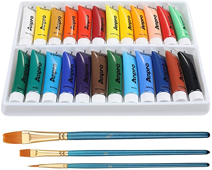  24 Tubes Peinture Acrylique 15 ML 3PCS Pinceau de Peinture à l'huile Peinture Acrylique pour Papier,Toile,Bois,Céramique,Peinture Murale Cadeaux Noël Anniversaire pour Débutant Artiste Enfant