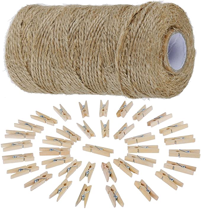 Ficelle Jute 812 cm 50PCS Mini en Bois Naturel Craft Pinces à Linge Craft Clips pour Jardinage Arts Crafts Cadeau de Noël,Papier Photo Craft DIY Fête Mariage Maison