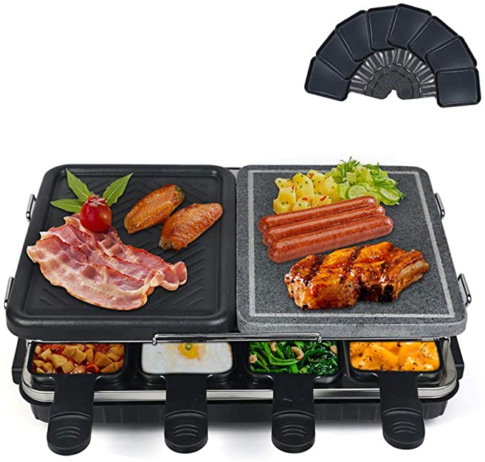 Appareil a Raclette avec Pierre Naturelle et Plaque en Fonte Raclette Multifonction 2-IN-1 pour 8 personnes, Antiadhésif Raclette Grill 1300W - Noir
