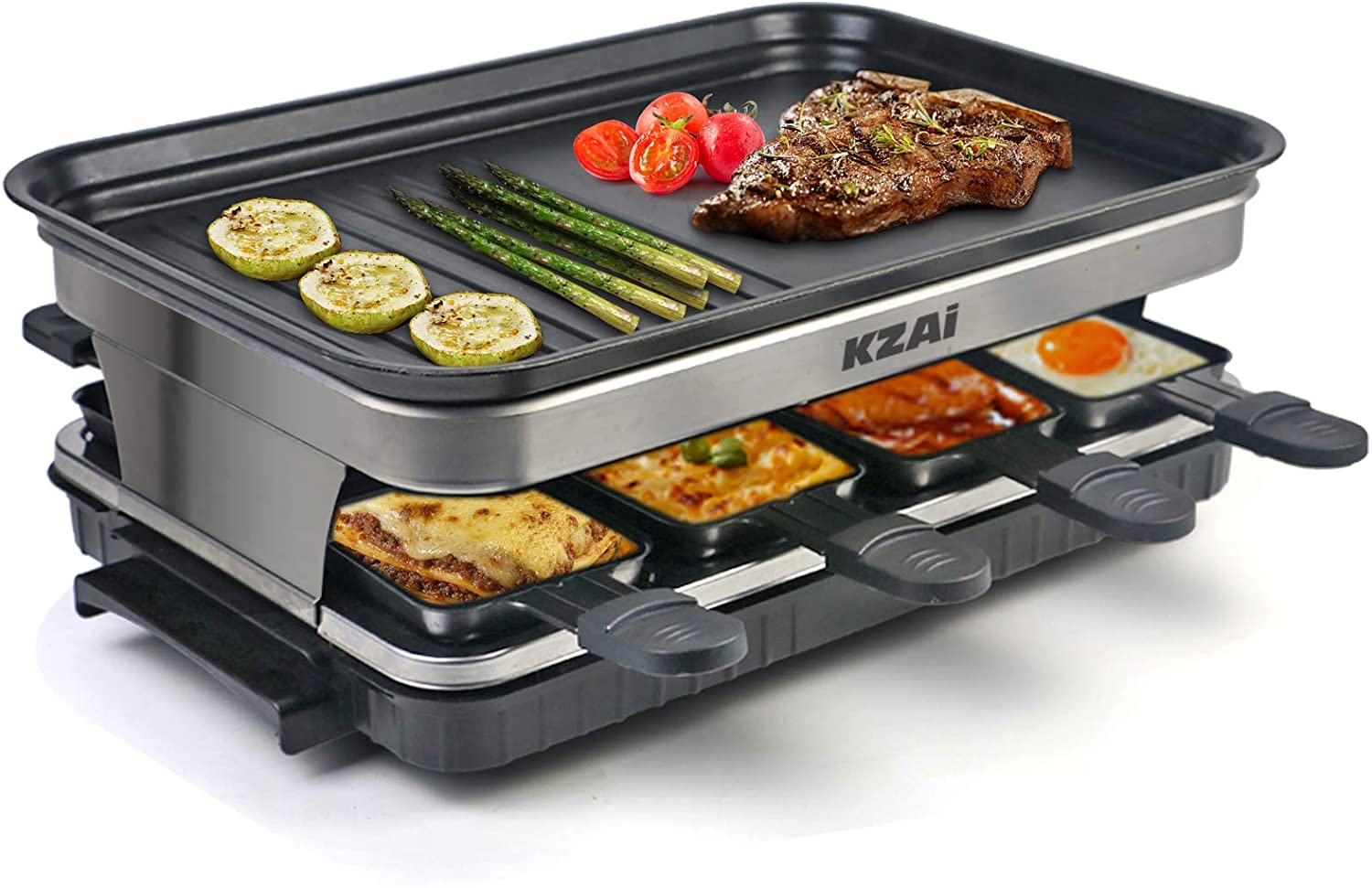 Appareil a Raclette 8 Personnes Machine a Raclette avec 8 Mini Coupelle Raclette Spatules, Thermostat Revêtement Antiadhésif, 1500W 