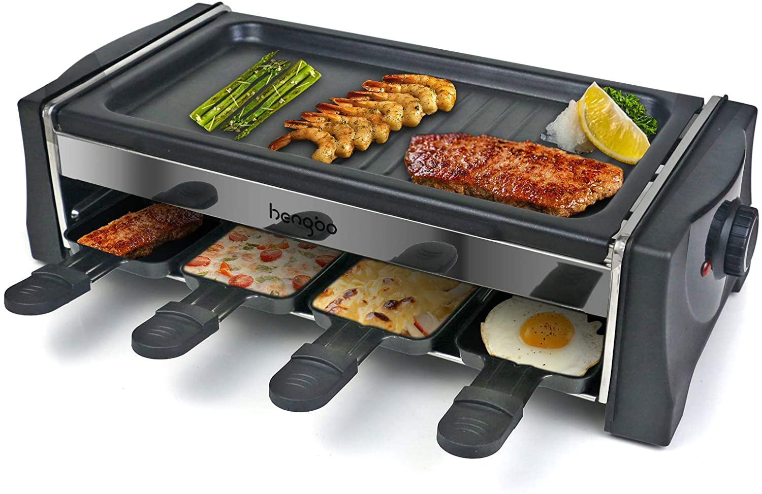 Appareil Raclette 8 Personnes Machine a Raclette avec 8 Mini Coupelle, Thermostat Revêtement Antiadhésif, 1100W 