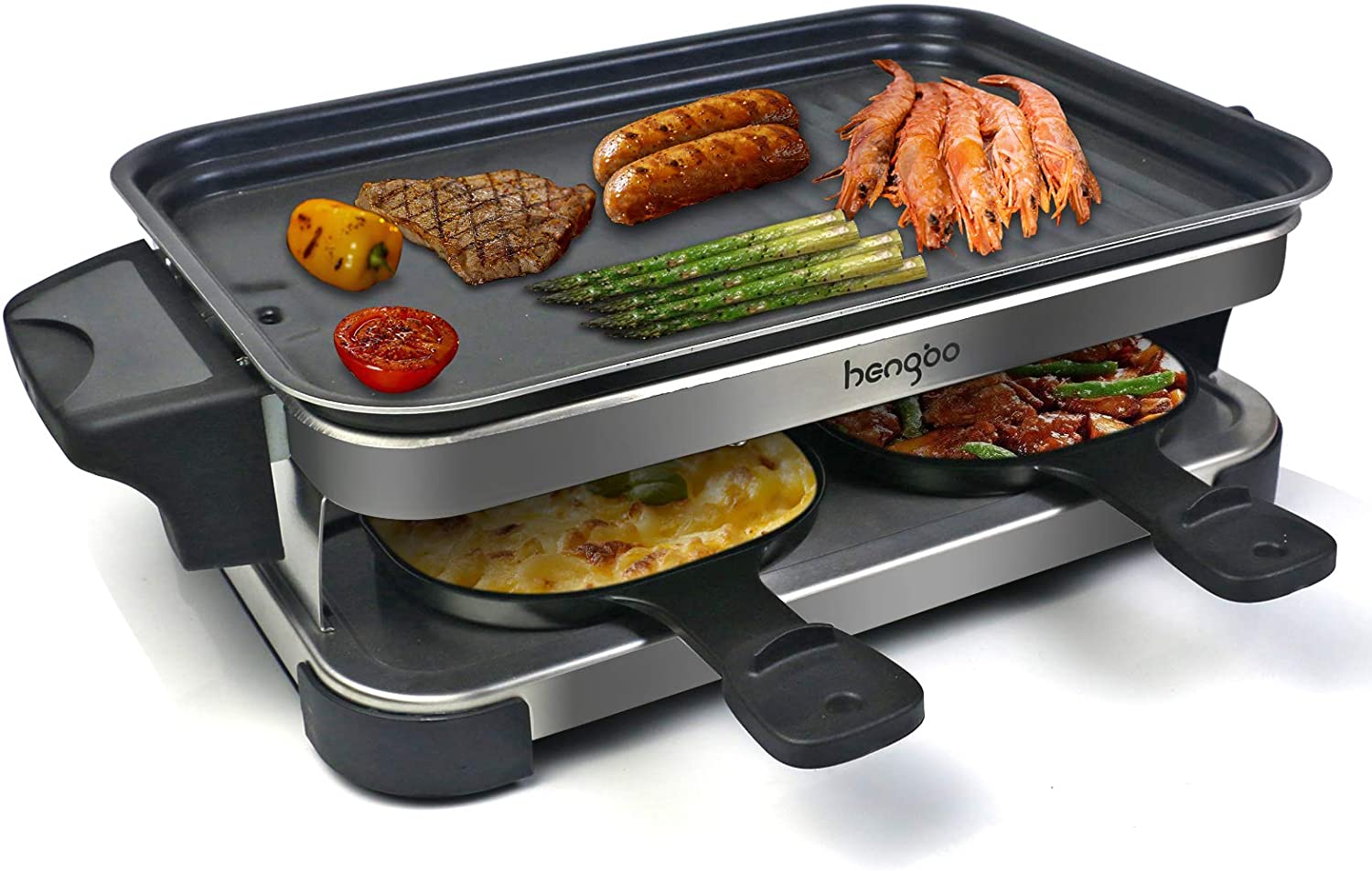 Raclette 4 Personnes Appareil Raclette avec Revêtement Anti-Adhésif, Réservoir d'huile, Facile à Nettoyer, Comprend Amélioré 4 Poêles & 4 Spatules en Bois, 1300w 