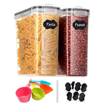 Aitsite Boîte de Rangement Cuisine Lot de 2 (6.3L), Boîtes à Céréales sans BPA, Boîte de Conservation Alimentaire Hermétique en Plastique avec Cuillères, Stylo et Étiquettes (Noir)