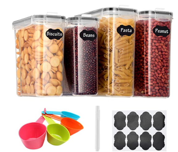 Aitsite Boîte de Rangement Cuisine Lot de 4 (2.5L+4L), Boîtes à Céréales sans BPA, Boîte de Conservation Alimentaire Hermétique en Plastique avec Cuillères, Stylo et Étiquettes (Noir)