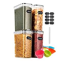 Aitsite Boîte de Rangement Cuisine Lot de 4 (4L), Boîtes à Céréales sans BPA, Boîte de Conservation Alimentaire Hermétique en Plastique avec Cuillères, Stylo et Étiquettes (Noir)
