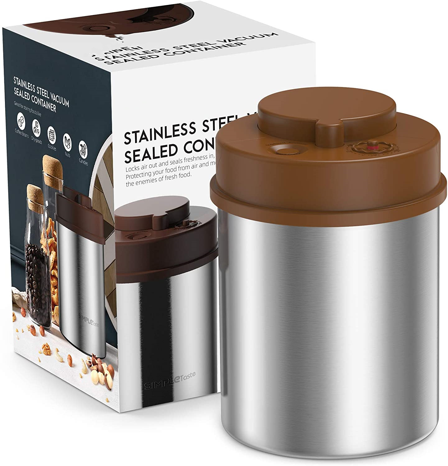 Boîte à Café, Réservoir de Stockage Scellé sous Vide, Pot d’Aliments Hermétique en Acier Inoxydable avec Date Intégrée pour Haricots, Produits Moulus, Thé, Céréales, Sucre