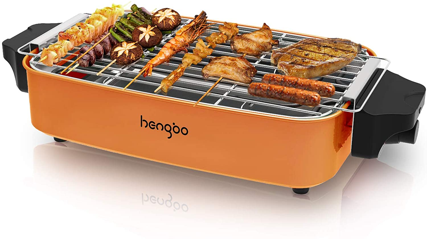 Barbecue de Table BBQ Electrique Sans Fumé Utilisation en Intérieur pour 4 Personnes, 260℃ Thermostat, 1800W - Orange 