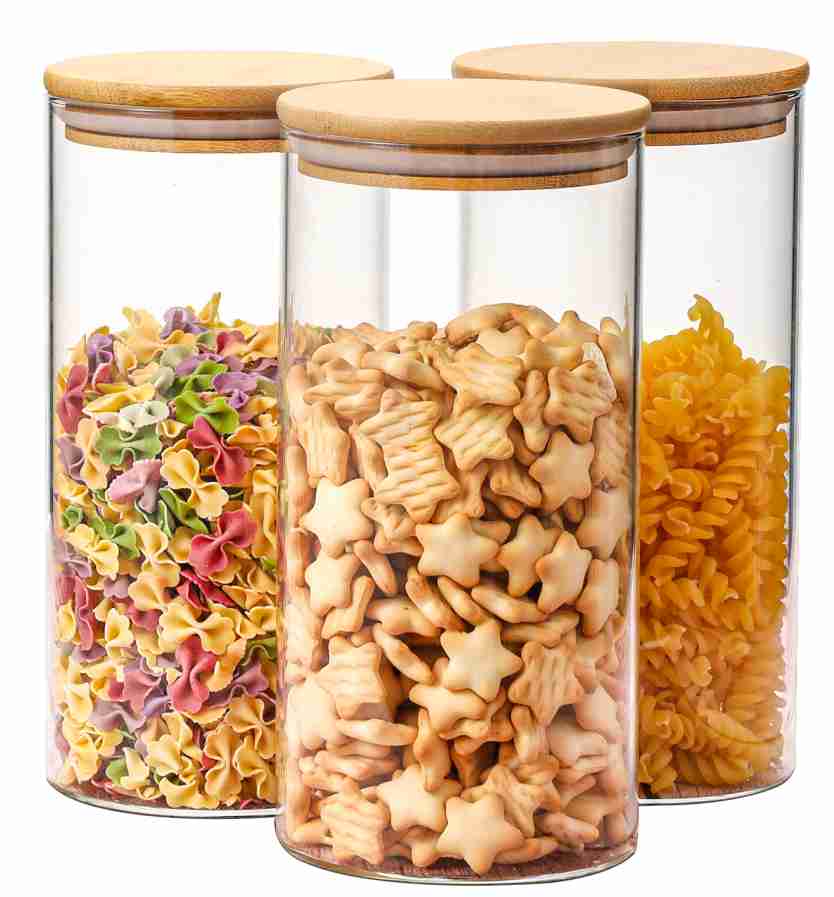 Aitsite Bocaux en Verre, 1400ML Bocal Hermétique en Bocal avec Couvercle en Bambou, Lot de 3 Pcs Pots de Conservation pour Épice, Spaghetti, Café, Céréales, Thé etc