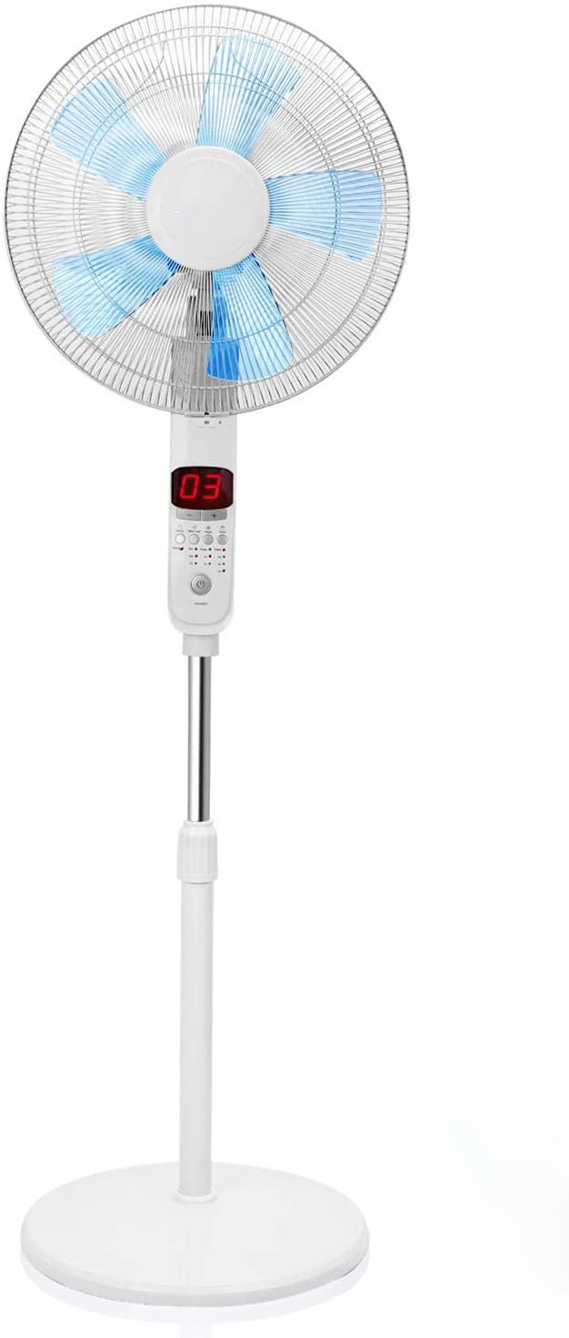 Ventilateur sur pied 3 modes et 3 vitesses. Télécommande, arrêt/démarrage programmable jusqu’à 24h. Affichage LED, 5 pales, oscillation silencieuse, hauteur réglable.