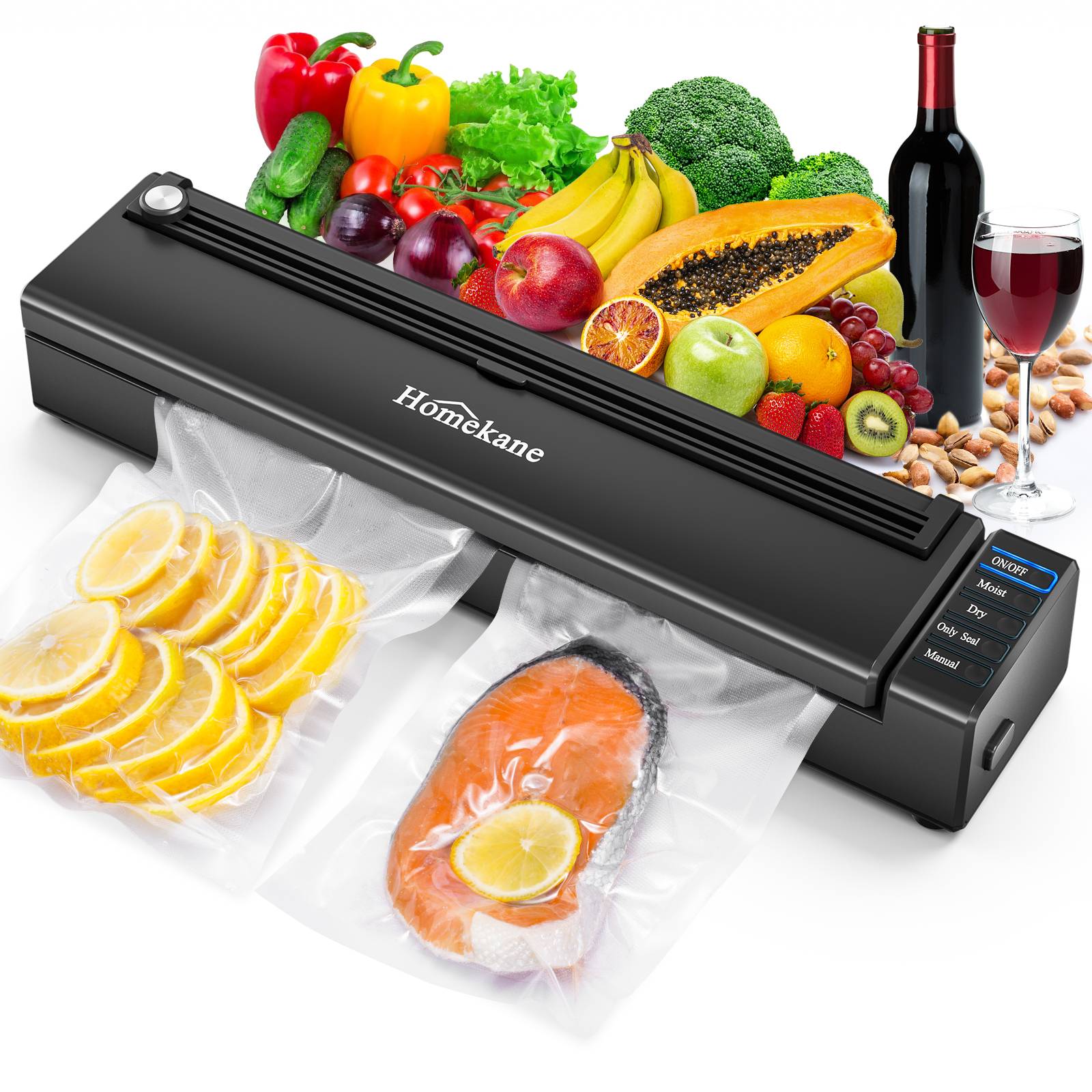 HOMEKANE Machine Sous Vide Alimentaire, ppareils de Mise Sous Vide Humides et Secs avec 5 Modes Alimentaires, Appareil avec Couteau de Coupe, Sacs Sous Vide et tuyau Inclus