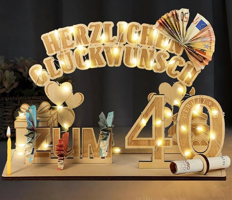 Carte anniversaire 40 ans Bois, Plaque En Bois pour Livre D'Or 40 Ans, Cadeau D'Anniversaire avec Guirlande Lumineuse LED