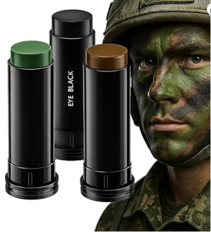 Kit de Maquillage Camouflage 3 Couleurs – Peinture de Visage et Corps Tactique pour Chasse, Sport, Airsoft, Halloween – Sticks Noir, Vert, Brun Faciles à Appliquer et Nettoyer