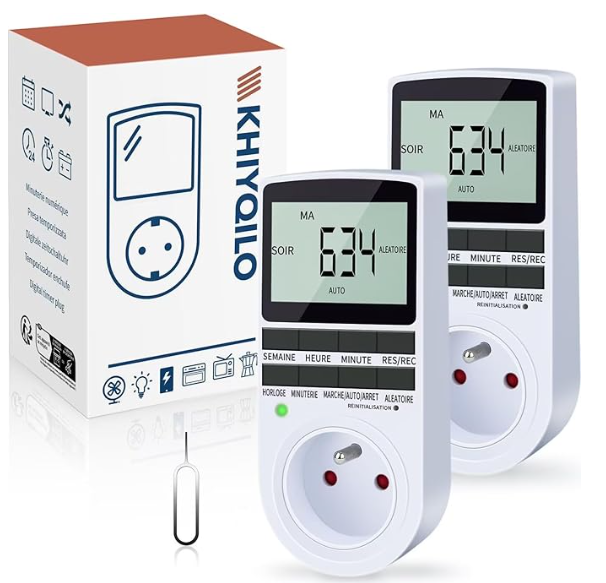 KHIYQILO Lot de 2 Programmateurs Prises Électriques Digitales, Version Française, Minuterie Prise Numérique 18 Programmes, Prise Programmable, Compte à Rebours, Mode Anti-vol, Économie Energie