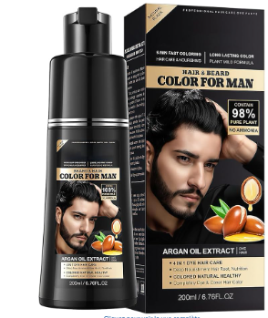 Shampooing Colorant Noir 3-en-1 pour Cheveux & Barbe, Soin Colorant Permanent à Couverture Naturelle des Cheveux Blancs pour Homme et Femme, 200ml