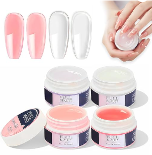 Kit Gel Construction Ongle UV, 4x15ml Gel de Construction Ongle Transparent, Nude, Rose & Blanc, UV Professionnel, Ongles