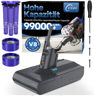 EGR Améliorée V8 Batterie Compatible pour Dyson V8 Absolute/Animal/Motorhead/Fluffy SV10 Carbon Fiber Aspirateur Batterie avec 5 Filtres et 3 Vis