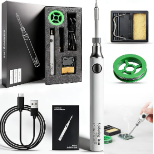 Kit de fer à souder USB sans fil – 3 niveaux de température (330 ℃-450 ℃) avec support et accessoires, sûr et facile pour les réparations électroniques Blanc