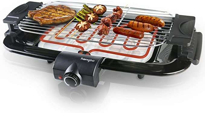 HengBo Barbecue électrique de Table BBQ Electrique Sans Fumée avec bac Collecteur et Thermostat, Réglable en Hauteur, 2000W, Noir