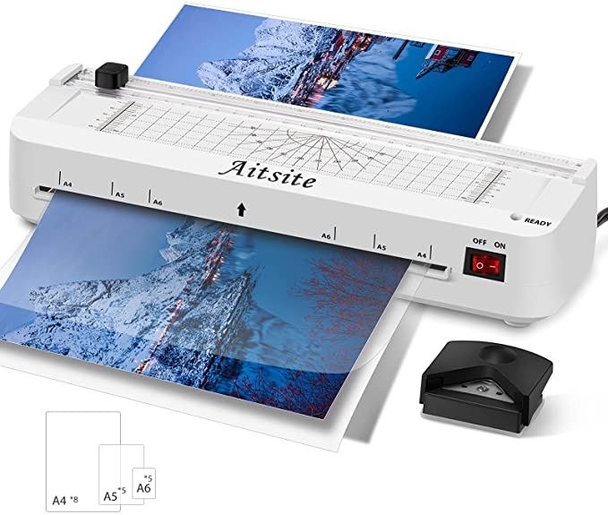 Aitsite Plastifieuse A4 A5 A6, Photo Machine à Plastifier, Deux Rouleaux avec 16 Pochettes de Plastification pour Bureau, Maison, École etc（Blanc）