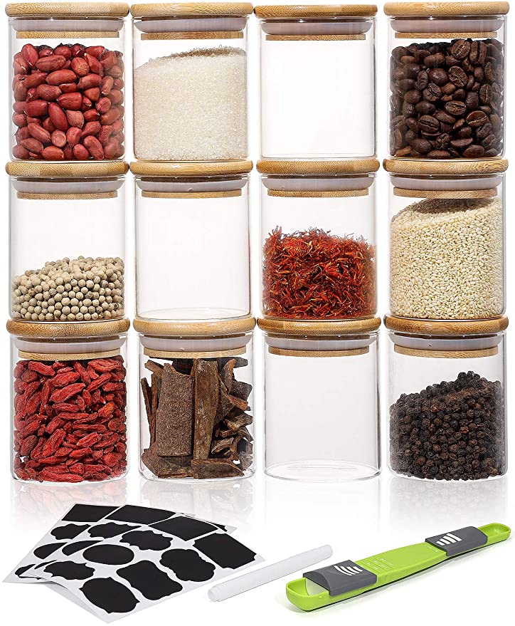 Aitsite Bocaux de Conservation en Verre 250ml, Lot de 12 Bocal en Verre Hermétique avec Couvercle en Bambou, Pot en Verre à Épice
