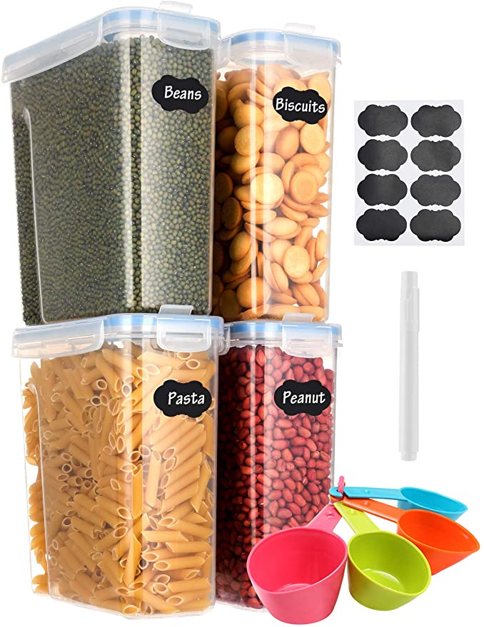 Aitsite Boîte de Rangement Cuisine Lot de 4 (4L), Boîtes à Céréales sans BPA, Boîte de Conservation Alimentaire Hermétique en Plastique avec Cuillères, Stylo et Étiquettes (Bleu)