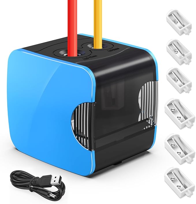 PITMT Taille Crayon Electrique,Taille-crayon électrique Enfants, Alimenté par Batterie et USB,2 tailles Pencil Sharpener Professionnel,pour Crayons épais et Fins, avec 4 Lames de Rechange (Bleu)