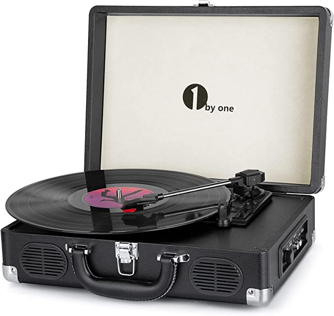 Platine Vinyle Bluetooth Tourne Disque Transportable Immitation Bois,3 Vitesses avec Enceinte Interne, Prise USB pour MP3, AUX in et Prise RCA