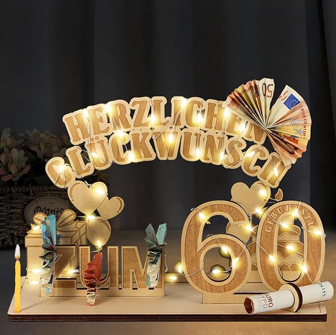 Carte anniversaire 60 ans Bois, Plaque En Bois pour Livre D'Or 60 Ans, Cadeau D'Anniversaire avec Guirlande Lumineuse LED, Décoration d’anniversaire Cadeau Homme Femme