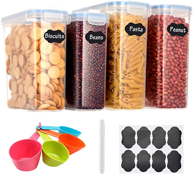 Aitsite Boîte de Rangement Cuisine Lot de 4 (2.5L+4L), Boîtes à Céréales sans BPA, Boîte de Conservation Alimentaire Hermétique en Plastique avec Cuillères, Stylo et Étiquettes (Bleu)
